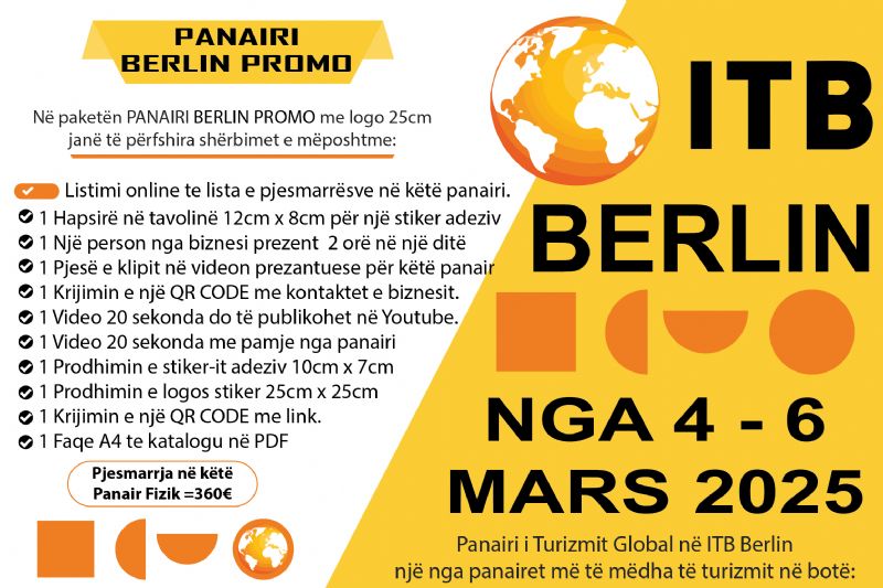 Paketa PANAIRI BERLIN PROMO me logon e biznesit 25cm, te baneri në stenden Panairi Online , Paketa per bizneset qe duan te marrin pjese ne panairin iternacional te trurizmit ne berlin me 4, 5, dhe 6 mars 2025